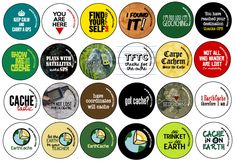 a bunch of buttons with different sayings on them, all in different colors and sizes