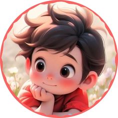 a cartoon boy with black hair and big eyes is looking at the camera while sitting in a flowery field