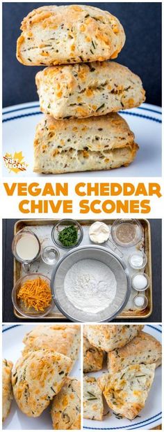 the recipe for vegan cheddar scones is shown in three different pictures