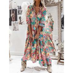 Season:Fall,Spring; Fabric:Polyester; Sleeve Length:Long Sleeve; Look After Me:Hand wash,Machine wash; Gender:Women's; Style:Boho,Casual,Vacation; Elasticity:Micro-elastic; Occasion:Daily,Holiday; Fit Type:Regular Fit; Dresses Type:BohoDress,Swing Dress; Pattern:Print; Design:Patchwork; Neckline:V Neck; Front page:FF; Production mode:External procurement; 2022 Trends:2022; Bust:; Length:; Shoulder Width:; Sleeve:; Fit US Size:null; Fit UK Size:null; Fit EU Size:null; Dress Length Type:Maxi long Dresses Casual Boho, Maxi Shift Dress, Boho Mode, Maxi Long Dress, Stil Boho, Mode Boho, Shift Dresses, Neckline Dress, Floral Print Midi Dress