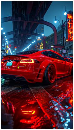 a red sports car parked in the middle of a city at night with neon lights