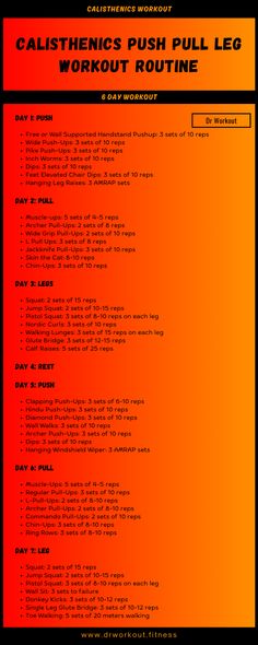 an orange and red poster with the words, calisting push pull leg workout routine