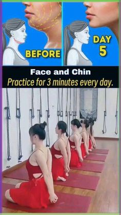 woman in red dress sitting on yoga mats with the words face and chin practice for 3 minutes every day