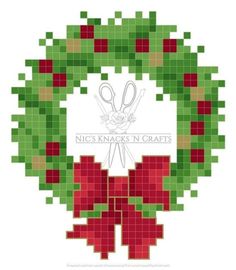 a cross stitch christmas wreath with scissors and poinsettis on it, in the shape of a pixel