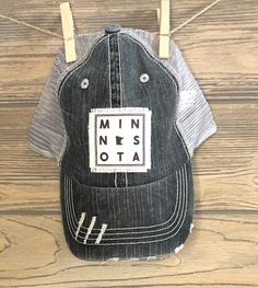 MN hat! Represent the state you're proud to be a part of! Hat is distressed gray with mesh adjustable gray backing with velcro closure. Patch is handmade with frayed edges, hand sewn onto hat. Would recommend hand wash only. Okie Girl, Camping Hat, Hiking Hat, Stocking Hat, Cute Hats, Girl With Hat, Proud To Be, Trucker Cap, Star Fashion