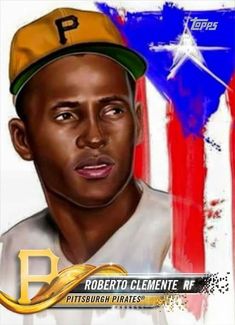 a painting of a baseball player in front of an american flag and the words robert clemente