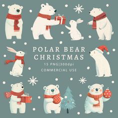 polar bear christmas clipart set for commercial use