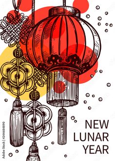 a chinese lantern with the words new lunar year on it and an image of two lanterns hanging