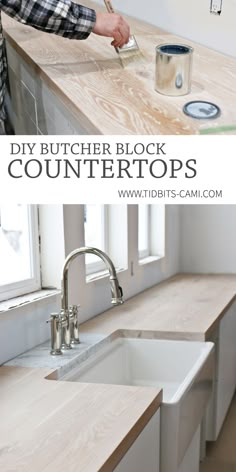 a kitchen counter top being painted white with the words diy butcher block countertops above it