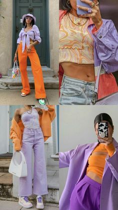 Looks coloridos
Outfit colors 
Combinação de cores
Fashion
Laranja e lilás 
Moda
Ideia de look Color Outfits, Color Combos Outfit, Color Blocking Outfits, Color Combinations For Clothes, Purple Outfits, Looks Chic, Different Outfits, Inspired Outfits, Colourful Outfits