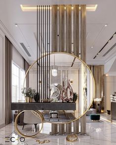 an elegant living room with marble floors and gold accents on the walls, along with large circular mirrors