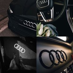 the interior of an audi car is shown in three different pictures, including flowers and roses