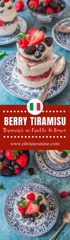 berry triramsu on plates with berries and strawberries