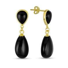 Dress up your look in sophisticated style with these pear-shaped black onyx double teardrop earrings in gold-plated silver. Fashioned in sterling silver with 14K gold plate Each drop showcases a 14.0 x 8.0mm pear-shaped rich black onyx dangle suspended from an inverted bezel-set pear-shaped onyx post. These earrings secure comfortably with friction backs. Yellow Gold Gemstone Teardrop Earrings, Gold Gemstone Teardrop Earrings For Formal Occasions, Elegant Gold Teardrop Earrings With Gemstone, Elegant Polished Teardrop Earrings For Formal Occasions, Black Pearl Drop Earrings For Formal Occasions, Elegant Polished Teardrop Earrings For Formal Events, Black Pearl Drop Earrings For Formal Events, Formal Yellow Gold Teardrop Gemstone Earrings, Classic Black Drop Jewelry