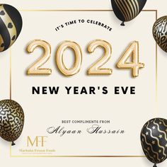 the new year's eve card with balloons in gold, black and white colors