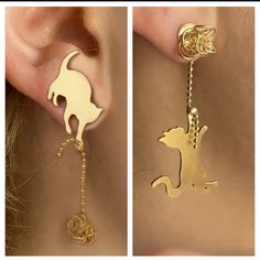 Playing Cats Earrings. Never Worn. Gold Metal Cat Design Earrings, Gold Metal Earrings With Cat Design, Elegant Cat Ears Jewelry With Cat Design, Party Jewelry With Cat Design And Cat Ears, Party Jewelry With Cat Design, Elegant Cat Design Jewelry For Party, Elegant Party Jewelry With Cat Design, Gold Cat Design Dangle Jewelry, Gold Dangle Cat Design Jewelry