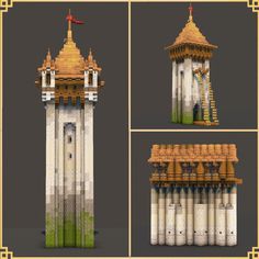 four different views of a tower with windows