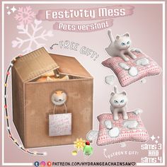 a cardboard box with two cats in it and a sign that says festivity mess pets version free gift