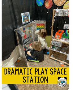 two children playing in a dramatic play space at the science museum with text overlay reading dramatic play space station