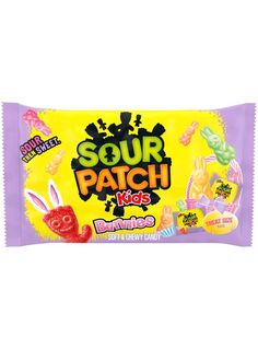 sour patch candy bar with 12 packs in each pack and the box has an arrow pointing to