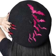 Go Batty With These Beatnik Berets! 90% Wool 10% Polyester Berets, Embroidered Deep Pink Bat Motif On Top And Front. One Size Fits Most. Great For Your Gothic Punk Closet And Halloween All Year Round! Hbbbrpk 24 Draculaura Aesthetic, Pink Beret, Pink Goth, Black Beret, Attitude Clothing, Wool Berets, Boho Fall, Gaming Room, Beret Hat