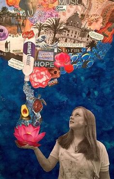 a woman holding a pink flower in front of her face with many different things floating out of it