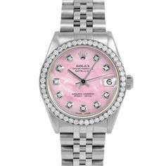 SKU#: 6827-SS-PMOP-DIA-AM-BDS-JBLPre-Owned Rolex 6827 Midsize 31mm Datejust Watch w/ Pink Mother of Pearl Diamond Dial Model#: 6827 Case: Rolex 31mm Stainless Steel Case Movement: Rolex Automatic 2030 Caliber Dial:Custom Pink Mother of Pearl Dial with Diamond Hour Markers (Not Made by Rolex) Bezel: Custom 1ct Diamond Bezel (Not Made by Rolex) Band: Rolex Stainless Steel Jubilee Band This Beautiful Watch Comes Fully Serviced, Polished, Time-Tested, Air/Water Pressure Tested with a 3 Year Warranty Pink Round Watches With Subdials, Pink Watch With Diamond Hour Markers, Classic Pink Round Watch, Timeless Pink Watch With Date Indicator, Formal Pink Diamond Watch With Diamond Hour Markers, Elegant Pink Watch With Date Display, Classic Pink Diamond Watch With Round Dial, Pink Diamond Watch With Diamond Hour Markers, Pink Round Diamond Watch For Formal Occasions