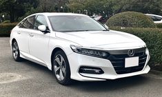 a white honda accord is parked in front of some bushes and shrubs on the street