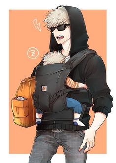 a drawing of a man holding a baby in a backpack and looking at the camera