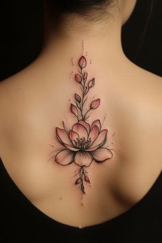 Elegant floral tattoo with pink and black shading on a person's upper back. Flower Side Tattoos Women, Flower Tattoo Ideas For Women, Buttercup Tattoo, Daisy Chain Tattoo, Small Daisy Tattoo, Flower Tattoos For Women, Marigold Tattoo, Say It With Flowers, Daffodil Tattoo