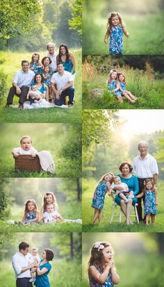 the family is posing for pictures in the park