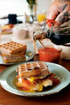 Matty Matheson's waffle breakfast sandwich is everything you love about brunch in one epic stack.🧇🥪 It’s from the chef and actor’s third cookbook, Soups, Salads, Sandwiches, and while all of the components are delicious on their own, it’s the tasty mix of sweet and savoury nestled between the cinnamon sugar–coated deep-fried waffles that truly shines here. #mattymatheson #soupssaladssandwiches #wafflesandwich #breakfastsandwichrecipe Fried Waffles, Waffle Breakfast Sandwich, Waffle Sandwich Breakfast, Best Waffle Maker, Waffle Breakfast, Egg And Bacon, Strawberry Waffles, Waffle Sandwich, Breakfast Waffles