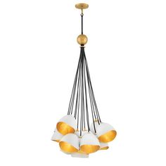 a chandelier with five white and gold balls hanging from it's center