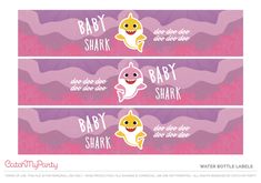 three baby shark stickers on pink and purple background