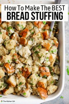 Homemade bread stuffing in white baking dish with serving utensil. Title: How to Make The Best Bread Stuffing. Baked Stuffing, Quick Thanksgiving Recipes, Classic Stuffing Recipe, Classic Stuffing, Easy Stuffing Recipe, Newfoundland Recipes, Thanksgiving Planning, Bread Dressing, Thanksgiving Food Sides