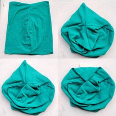 four images show how to make an origami hat out of teal fabric