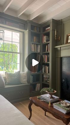 a living room filled with furniture and a fire place in front of a large window