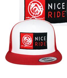 6006 Classic Snapback Trucker Hat, Baseball Cap with NICERIDE's "N-R Combo" design embroidered on the front panel and blacked out classic palm logo embroidered on the back right side. Designed, Embroidered and Shipped in the United States. Red Trucker Hat With Embroidered Logo And Flat Brim, Red Embroidered Snapback Trucker Hat, Palm Logo, Hat Baseball, Free Giveaway, Logo Embroidered, Right Side, The United States, Red Green