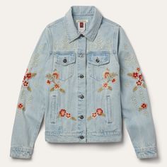 Blue Fall Cotton Denim Jacket With Floral Embroidery, Cotton Denim Jacket With Floral Embroidery For Fall, Floral Embroidered Cotton Denim Jacket For Fall, Fall Floral Embroidered Cotton Denim Jacket, Embroidered Denim Jacket With Relaxed Fit, Spring Denim Jacket With Floral Embroidery, Denim Blue Cotton Outerwear With Floral Embroidery, Medium Wash Cotton Denim Jacket With Floral Embroidery, Medium Wash Denim Jacket With Floral Embroidery