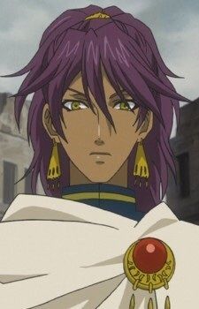 an anime character with purple hair and gold earrings in front of some buildings