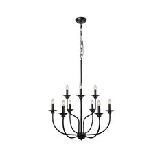 a black chandelier with six lights hanging from it's center and four arms