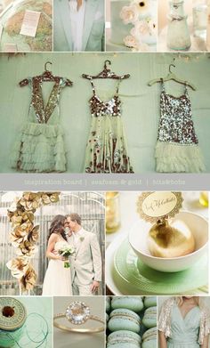 a collage of photos with green and gold colors, including dresses, shoes, jewelry, flowers, and more