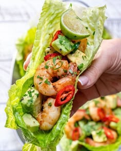 a person holding up a lettuce wrap with shrimp and avocado