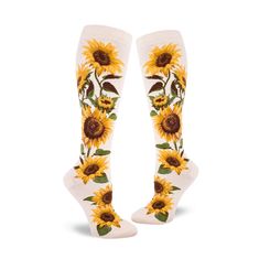 sunflower sunflower themed womens white novelty knee high^wide calf socks Hot Gril, Sunflower Fashion, Thigh High Sock, Womens Knee High Socks, Bellingham Washington, Sock Lovers, Unique Socks, Summer Festivals, Country Clothing