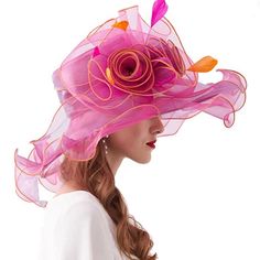 Organza Derby Or Church Ruffle Hat Hat Circumference:21.26 Inch~22.83 Inches(It Have String Could Be Adjustable);Hat Brim:5.1inches Material:100% Organza (Sunshade, Uv Protection Multicolor Mini Hats For Royal Ascot, Spring Multicolor Cloche Hat With Curved Brim, Pink Cloche Hat For Spring Beach Outings, Pink Fedora Sun Hat For Party, Chic Pink Sun Hat For Kentucky Derby, Pink Cloche Hat For Beach In Spring, Pink Fedora Mini Hat For Spring, Pink Sun Hat For Spring Party, Spring Multicolor Mini Hat With Curved Brim