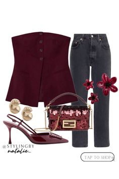 Burgundy bandea top with slit and buttons, black jeans, burgundy slingback heels, flower hair clips and gold earrings. Sequin fendi bag  Going out outfit, autumn style, party wear, date night outfit.  #liketkit #LTKautumn #LTKstyletip #LTKpartywear #burgundy #burgundycolors #slingbacks #blackjeansoutfit #bandeau #goingoutoutfits #datenightoutfitideas #partyoutfit #autumncolors #trends #autumntrends #ootd #falltrends @shopLTK Burgundy Slingback Heels Outfit, Burgundy Hair Outfits, Going Out Jeans Outfit Night, Burgundy Heels Outfit, Maroon Top Outfit, Outfit Bordeaux, Going Outfits, Bustier Outfit