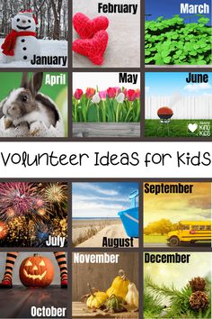 there are many different pictures with the words volunteer ideas for kids on them, including pumpkins and flowers