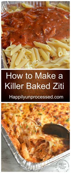 how to make a killer baked ziti recipe with pasta and marinara sauce on top