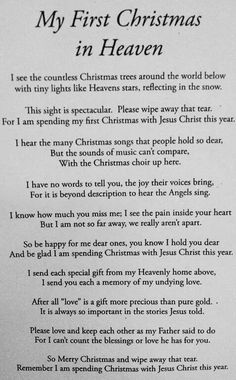 a poem written in black and white with the words, my first christmas in heaven