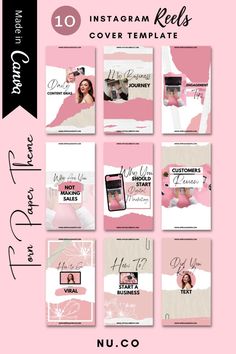 the instagram cover template is shown in pink and white